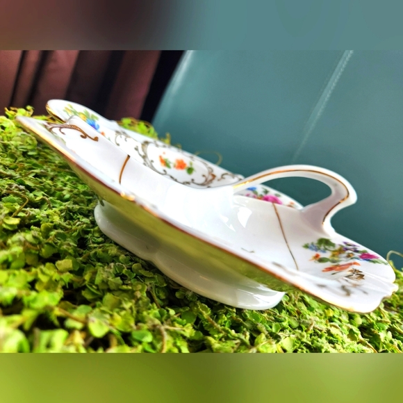 VICTORIA 50s Rare #222 Pink Roses Czech Multi Floral Relish Candy w Handle Dish - Picture 9 of 12